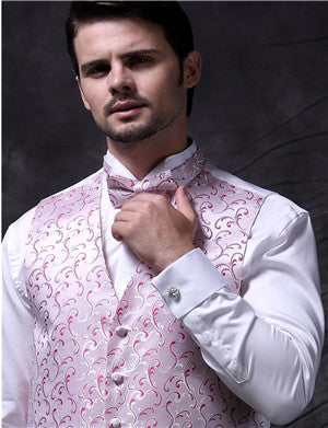 Fuschia Swirl Tuxedo Jacquard Waistcoat +Cravat+Hanky