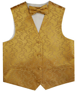 Gold Wedding Flower Classical Microfiber Boy Waistcoat+Bowtie for Tuxedo/Suit/Foraml Wear
