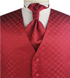 Red Diamond Pattern Classical Tuxedo Waistcoat+Cravat+Hanky