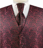 Burgundy  Swirl Design Fashion Tuxedo Waistcoat+Cravat+Hanky