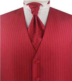 Red Vertical Men's Handsome Dress/Bridal Tuxedo Vest+Cravat+Hanky