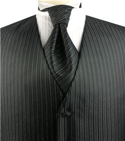 Black Vertical Men's Handsome Dress/Bridal Tuxedo Vest+Cravat+Hanky