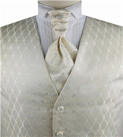 Ivory with Silver Circle Classical Tailored  Polyester Waistcoat+Cravat+Hanky