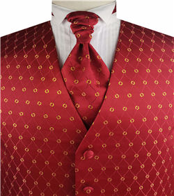 Red with Gold Lurex Circle  Classical Tailored  Polyester Waistcoat+Cravat+Hanky