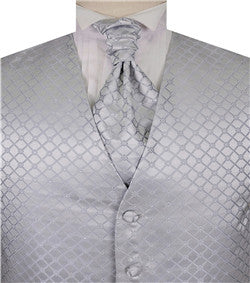 Silver Diamond Pattern Classical Evening Clothes Waistcoat+Cravat+Hanky