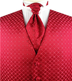 Red Diamond Pattern Classical Evening Clothes Waistcoat+Cravat+Hanky