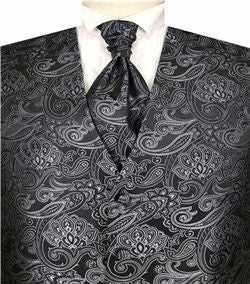 Grey&Black Big Paisley Classical Bridegroom Waistcoat+Cravat+Hanky