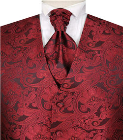 Burgundy Big Paisley Classical Bridegroom Waistcoat+Cravat+Hanky