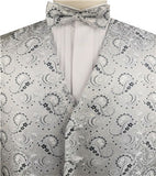 Silver Paisley Classical Wedding Waistcoat+Bowtie+Hanky