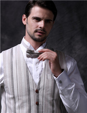 Light Beige Stripe Linen  Classical Formal Waistcoat+Bowtie