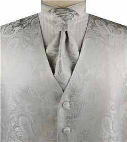 Silver Paisley Classical Silk Luxury Waistcoat+Cravat+Hanky