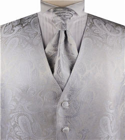 Silver Big Paisley Classical Bridegroom Waistcoat+Cravat+Hanky