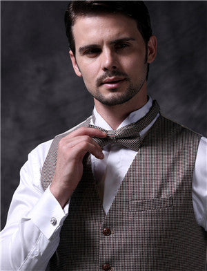 Beige Small Lattice Cotton&Poly Wedding Formal Waistcoat+Bowtie