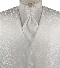 White Pteris Swirl Classical Wedding Tuxedo Waistcoat+Cravat+Hanky