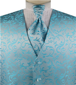 Aqua Pteris Swirl Classical Wedding Tuxedo Waistcoat+Cravat+Hanky