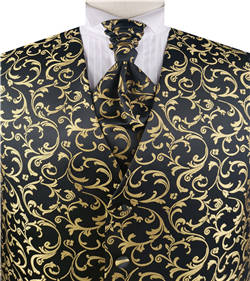 Yellow&Black Pteris Swirl Classical Wedding Tuxedo Waistcoat+Cravat+Hanky