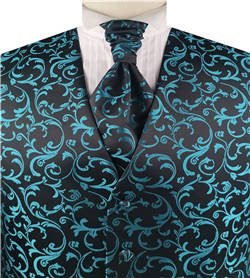 Peacock BLUE Pteris Swirl Classical Wedding Tuxedo Waistcoat+Cravat+Hanky
