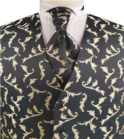Gold&Black Pteris Swirl Classical Wedding Tuxedo Waistcoat+Cravat+Hanky
