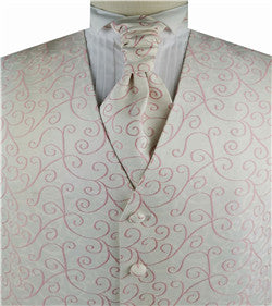Light Pink Scroll Swirl Men's Regular Microfiber&Cotton Waistcoat+Cravat+Hanky