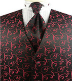 Burgundy Pteris Swirl Classical Wedding Tuxedo Waistcoat+Cravat+Hanky