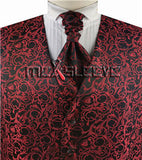 Burgundy&Black Middle Paisley Classical Wedding Waistcoat+Cravat+Hanky