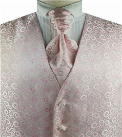 Pink Pteris Swirl Wedding Tuxedo Poly Vest+Cravat+Hanky