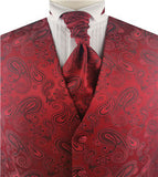 Red&Burgundy Colorful Paisley Classical Wedding Waistcoat+Cravat+Hanky