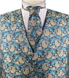 Turquoise&Gold Paisley Classical Tuxedo/Wedding Waistcoat+Necktie+Bowtie+Hanky