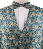 Turquoise&Gold Paisley Classical Tuxedo/Wedding Waistcoat+Necktie+Bowtie+Hanky