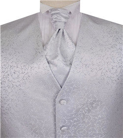 Silver Lurex Yarn Flower Classical Tuxedo Waistcoat+Cravat+Hanky