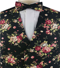 Red&Black Printed Flower Tuxedo Cotton&Poly Waistcoat+Bowtie+Hanky