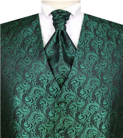 Black Green Even Swirls Tuxedo Polyester V-neck Waistcoat+Cravat+Hanky