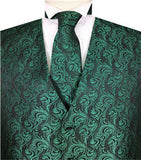 Black Green Even Swirls Tuxedo Polyester V-neck Waistcoat+Necktie+Hanky