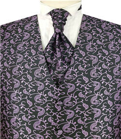 Black&Lavender Smaller Paisley Classical Groomsman Waistcoat+Cravat+Hanky