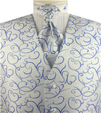 Blue Scroll Swirl Classical Wedding Waistcoat+Cravat+Hanky