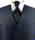 Navy Scroll Swirl Classical Wedding Waistcoat+Cravat+Hanky