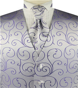 Purple Scroll Swirl V-neck Polyester Waistcoat+Cravat+Hanky