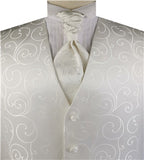 Ivory  Scroll Swirl V-neck Polyester Waistcoat+Cravat+Hanky