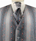 Mix Grey Little Floral Classical Tuxedo Tailored Waistcoat+Cravat+Hanky