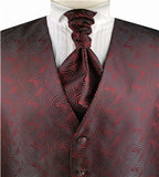 Burgundy Even Swirls Tuxedo Polyester V-neck Waistcoat+Cravat+Hanky