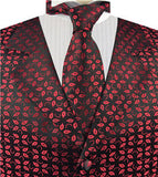 Burgundy Leaf Collared Classical Fashion Tuxedo Waistcoat+Hanky+Cravat