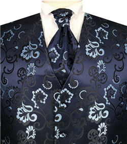Navy Shining Flower Wedding Tuxedo Waistcoat+Cravat+Hanky