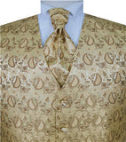 Gold&Beige Paisley Classical Wedding Waistcoat+Cravat+Hanky