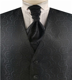 Black Scroll Swirl Men's Regular Polyester Vest+Cravat+Hanky