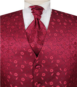 Red Little Floral Classical Wedding Waistcoat+Cravat+Hanky