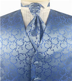 Blue Scroll Swirl Classical Wedding Waistcoat+Cravat+Hanky