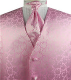 Pink Scroll Swirl Classical Wedding Waistcoat+Cravat+Hanky