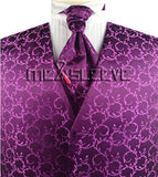 Magenta Scroll Swirl Classical Wedding Waistcoat+Cravat+Hanky