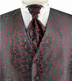 Burgundy Scroll Swirl Tuxedo Polyester Waistcoat+Cravat+Hanky