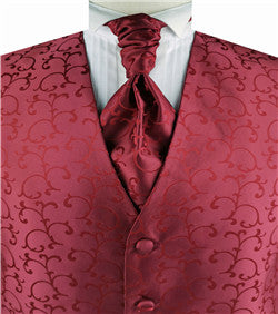 Red  Scroll Swirl Tuxedo Polyester Waistcoat+Cravat+Hanky